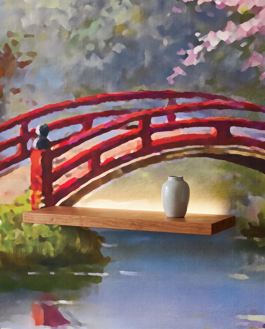 Rode brug tussen bloesembomen — detail