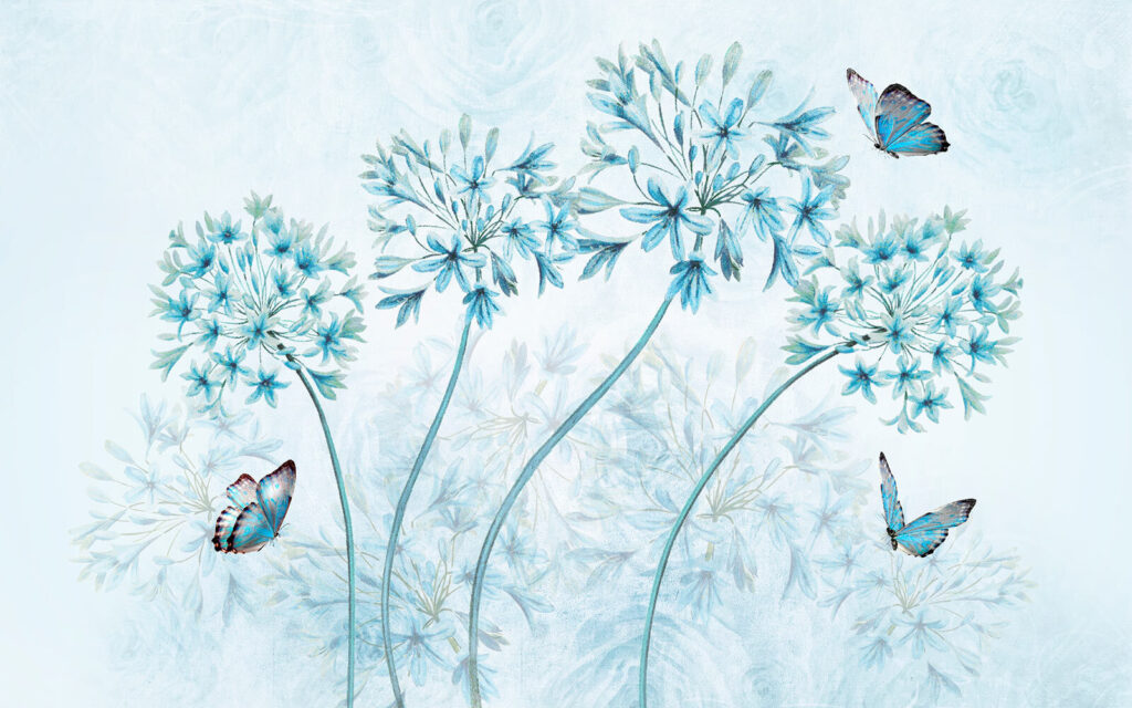 Blauwe bloemschermen met vlinders — volledig ontwerp
