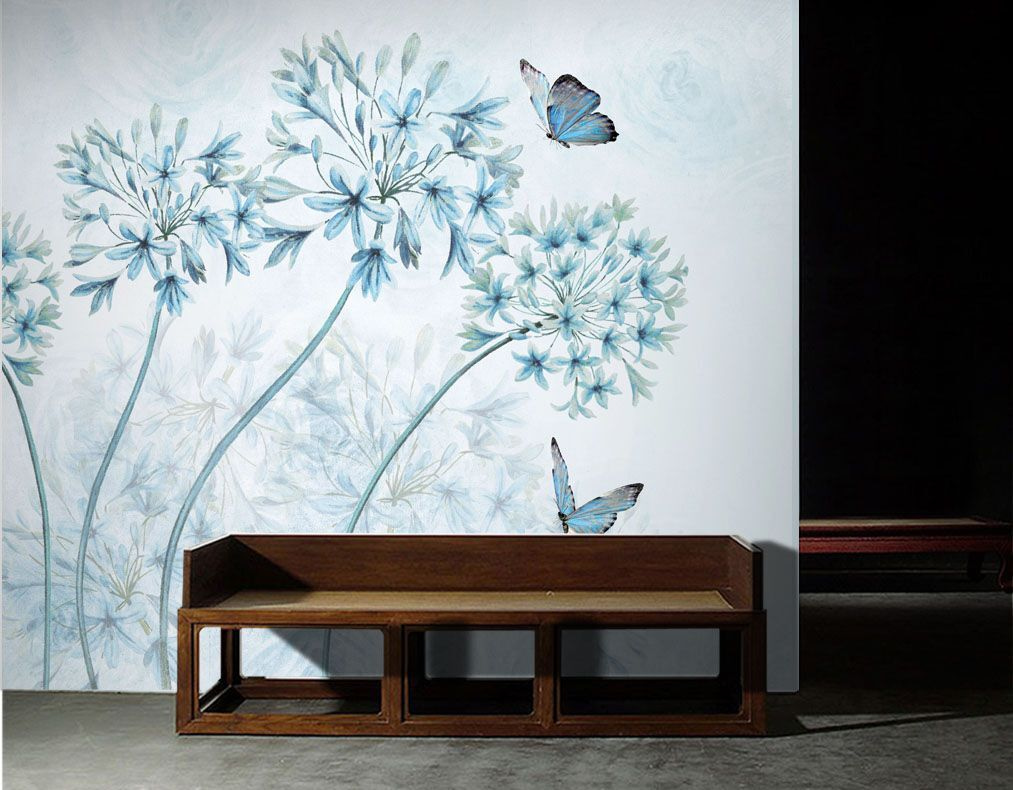 Blauwe bloemschermen met vlinders — interieur 1