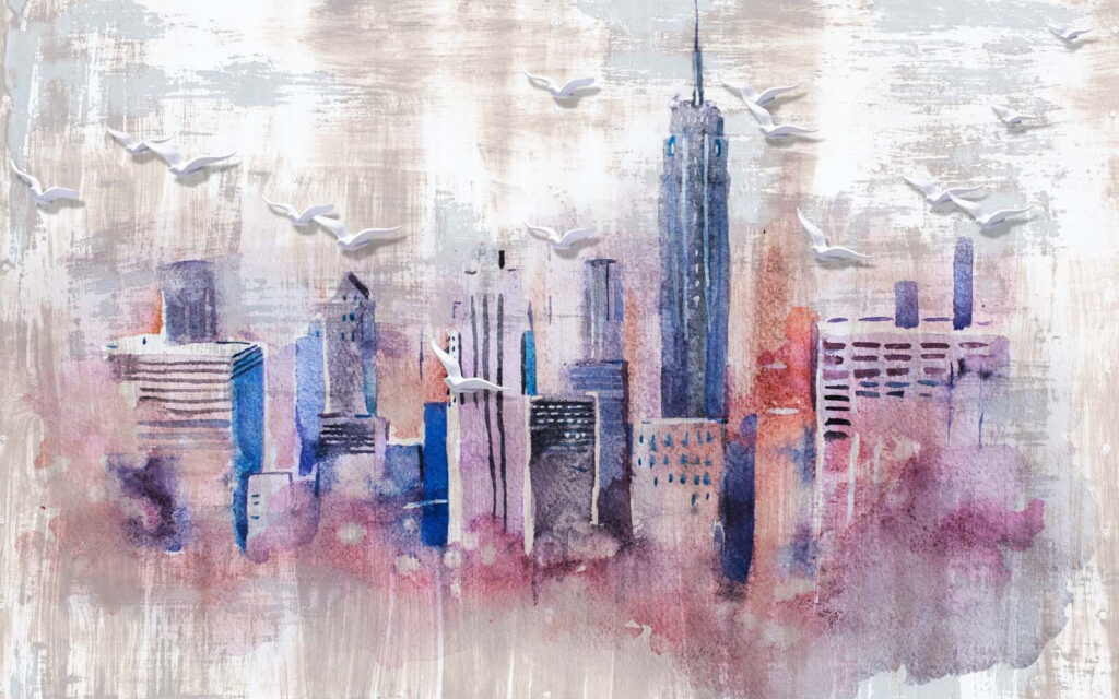 Wolkenkrabbers in paarse aquarel — volledig ontwerp