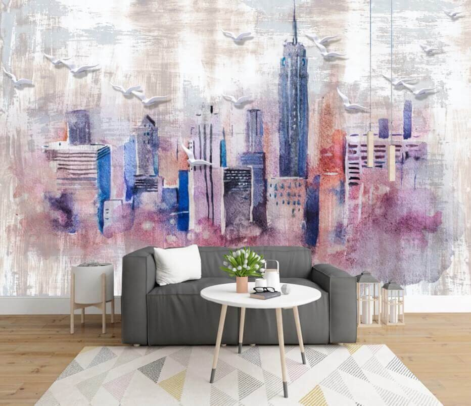 Wolkenkrabbers in paarse aquarel — interieur 1