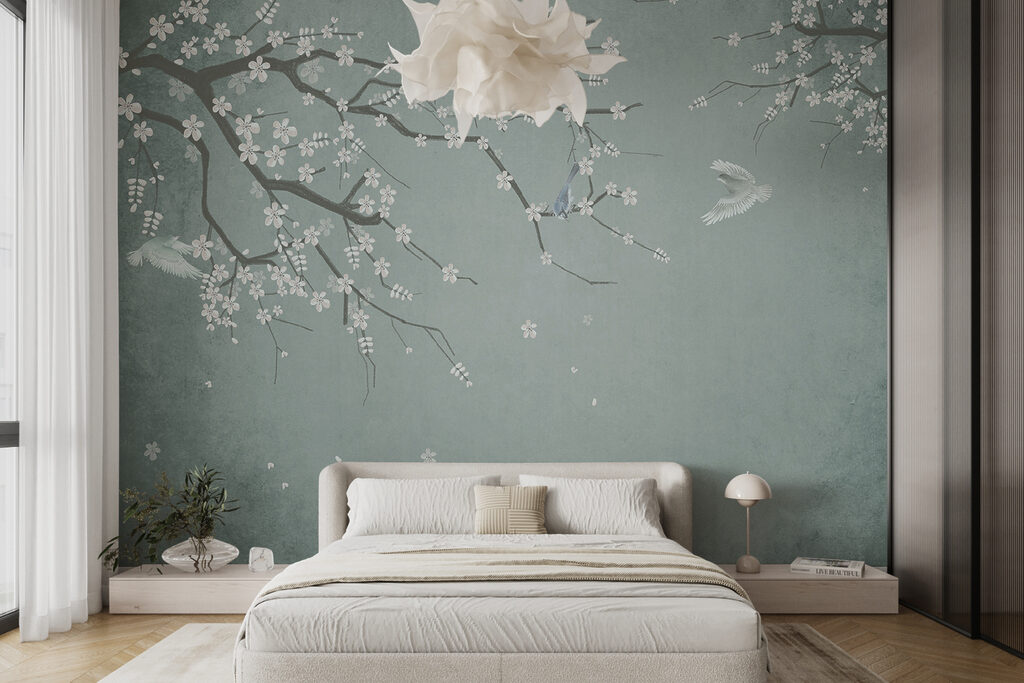 Witte bloesem op grijsgroen — interieur 2