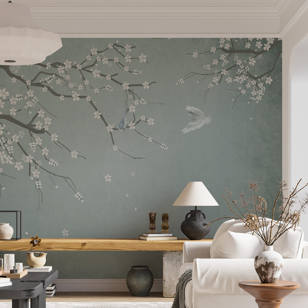Witte bloesem op grijsgroen — interieur 3