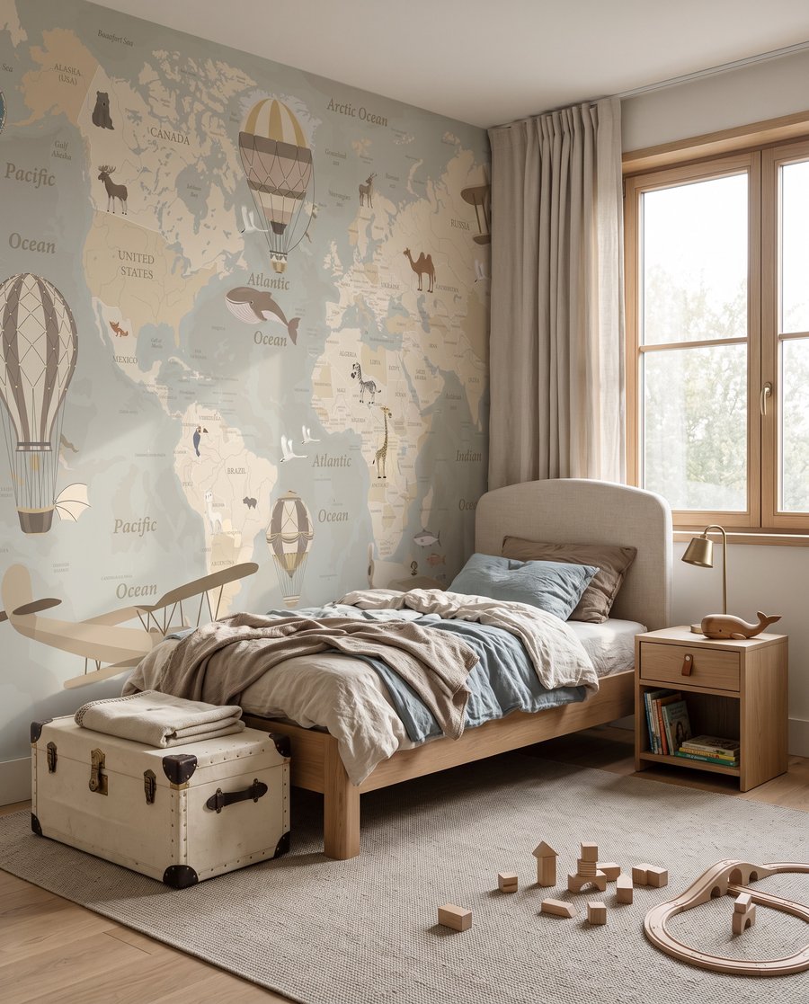 Een wereldkaart met vliegtuigen en heteluchtballonnen in een interieur