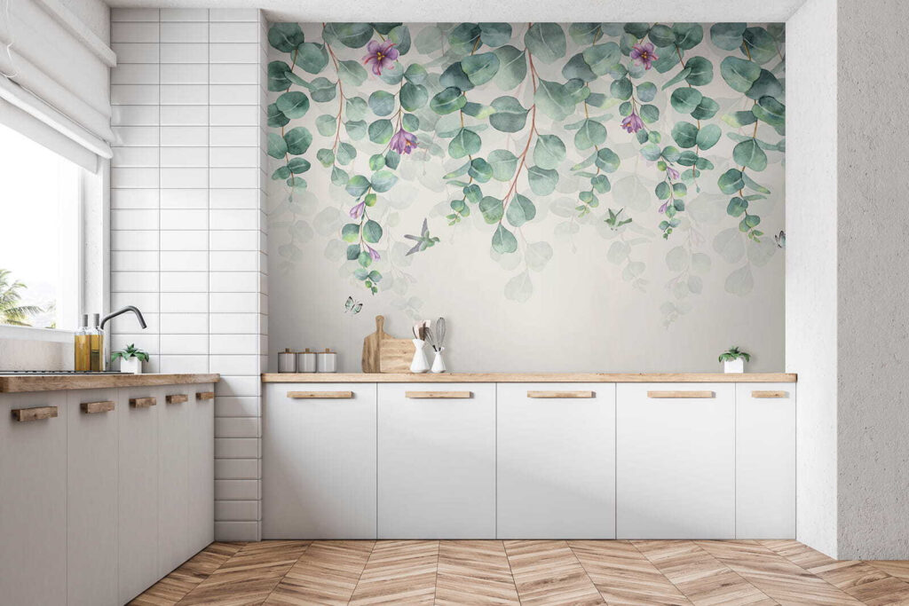 Hangende blaadjes met lilabloemen — interieur 1