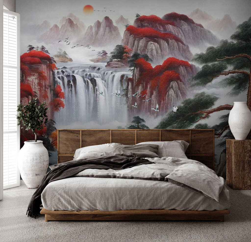 Watervallen tussen rode bergbomen — interieur 2