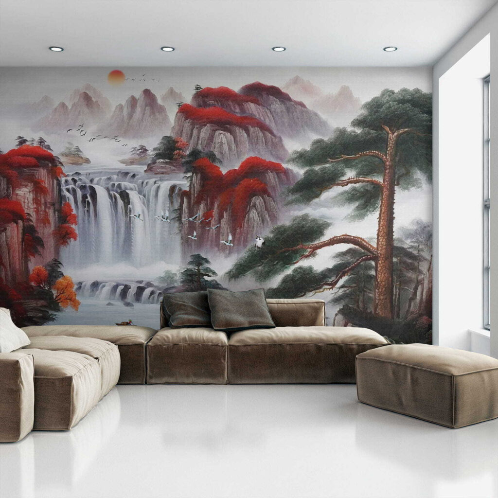 Watervallen tussen rode bergbomen — interieur 6