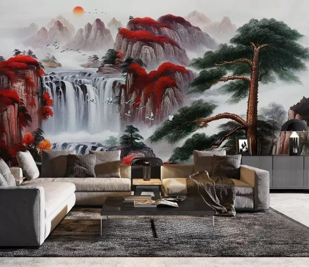 Watervallen tussen rode bergbomen — interieur 1