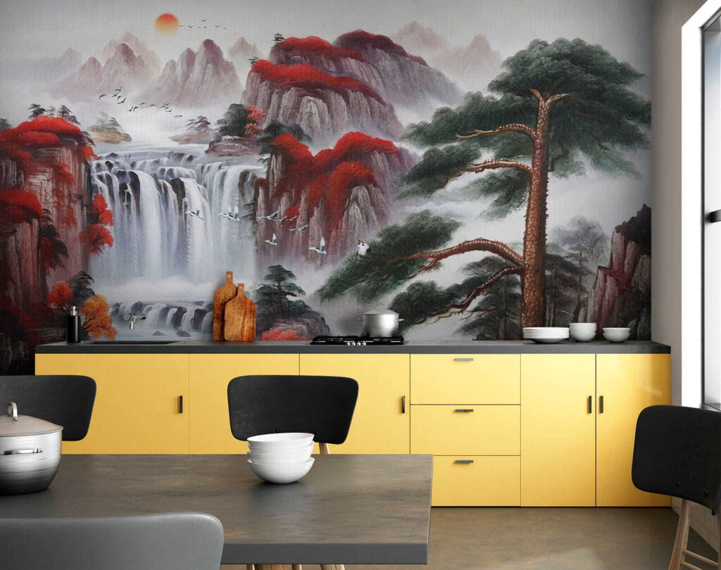 Watervallen tussen rode bergbomen — interieur 7