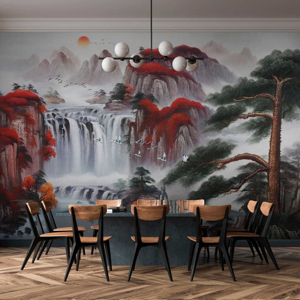 Watervallen tussen rode bergbomen — interieur 8