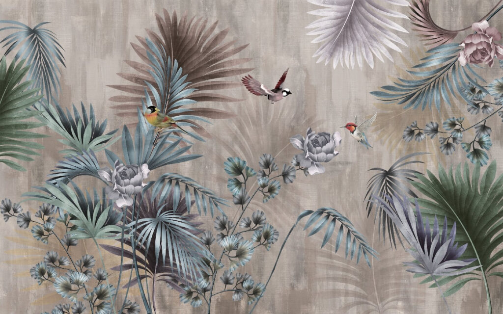 Vogels tussen grijsblauwe palmveren — volledig ontwerp