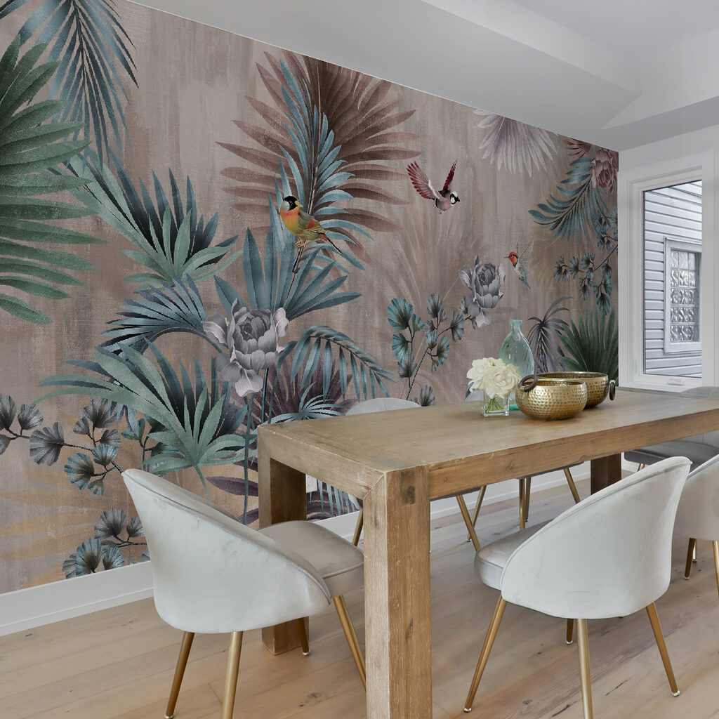 Vogels tussen grijsblauwe palmveren — interieur 2