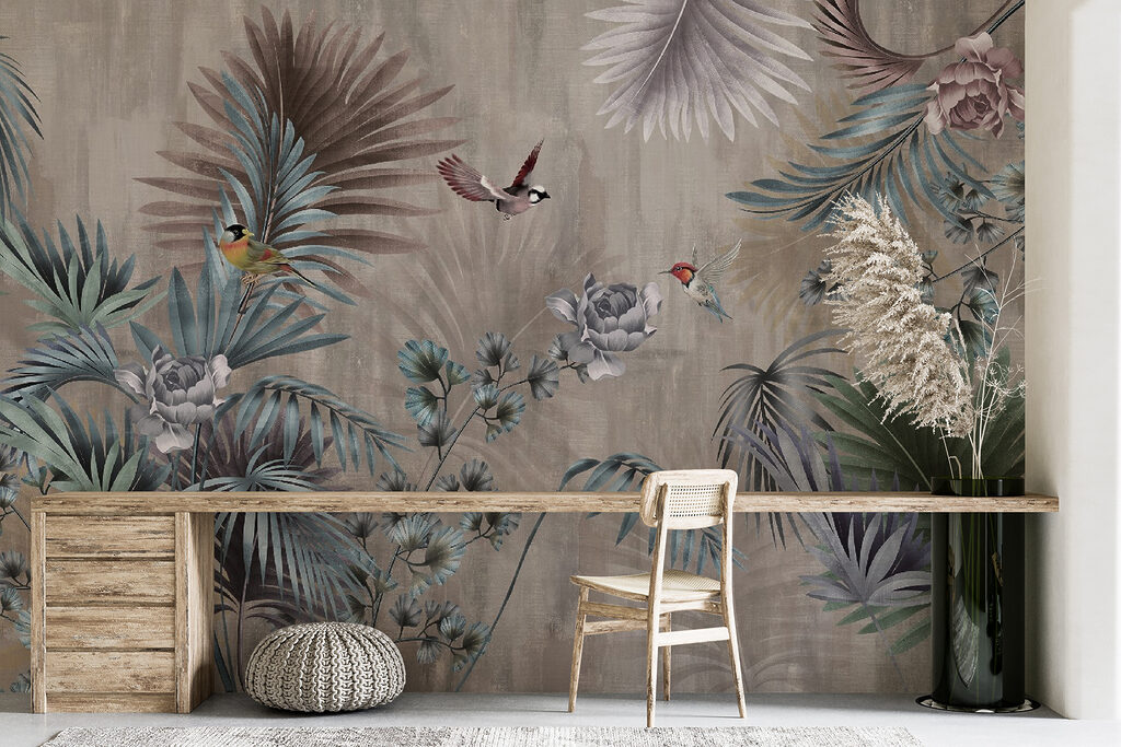 Vogels tussen grijsblauwe palmveren — interieur 3