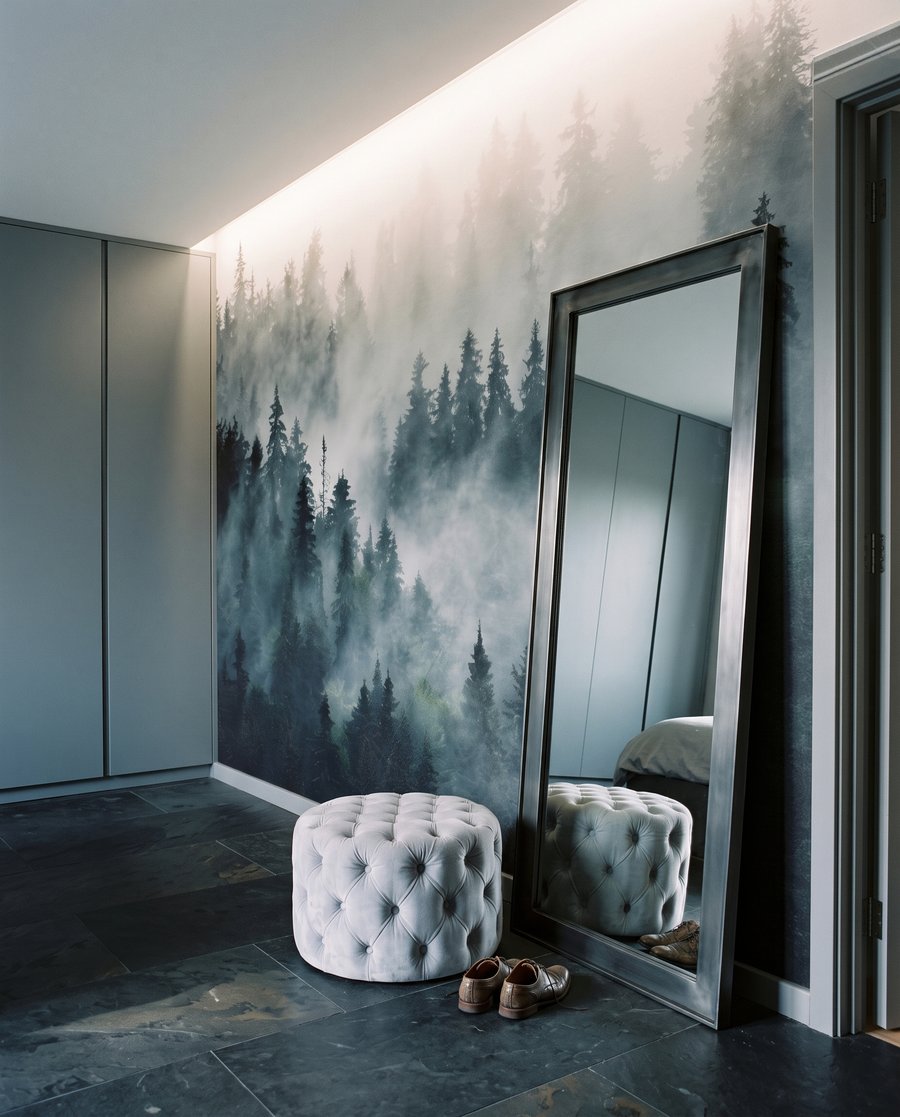 Naaldbomen in donkere nevel in een interieur