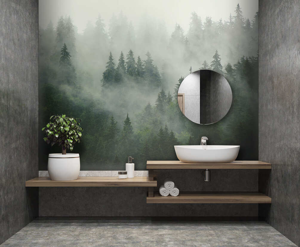 Mistig bos met bomen in een interieur