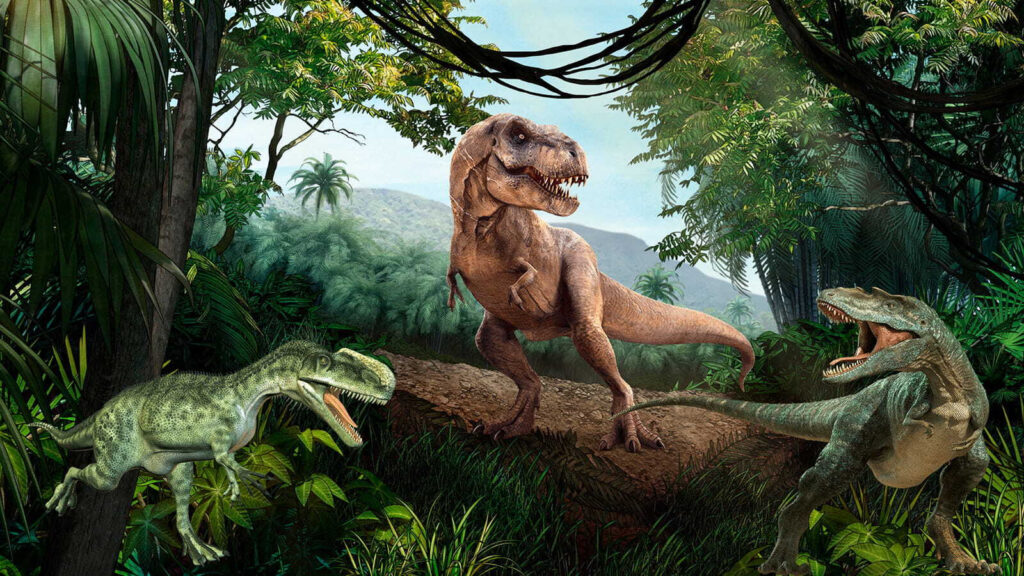 Dinosaurussen op een bosrots — volledig ontwerp