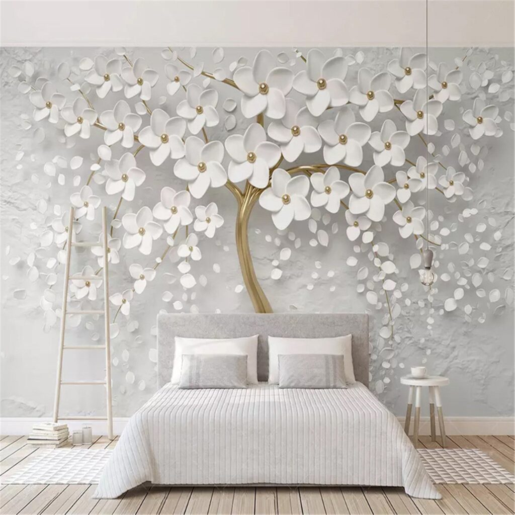 Boom met witte bloemen en bladeren in een interieur
