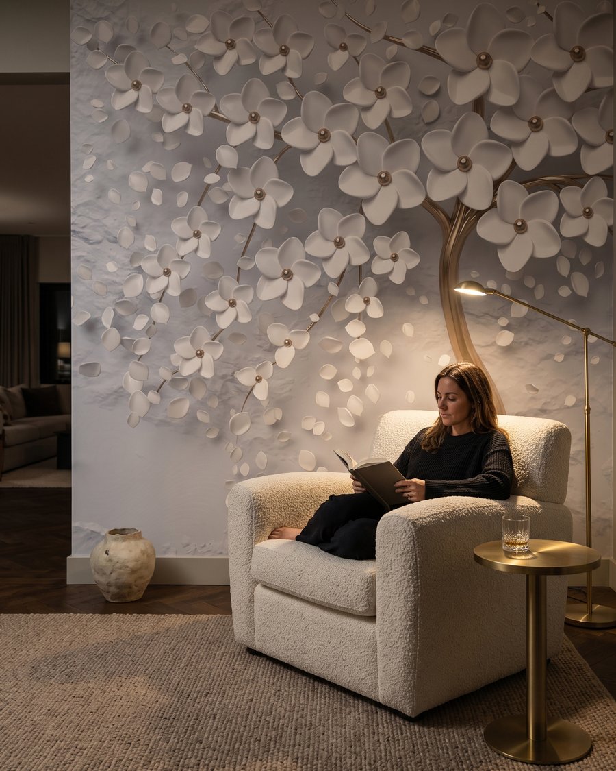 Witte bloesem, goudkleurige stam in een interieur