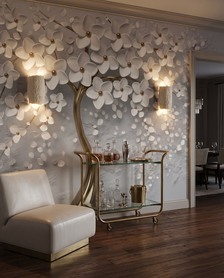 Witte bloesem, goudkleurige stam — interieur 5