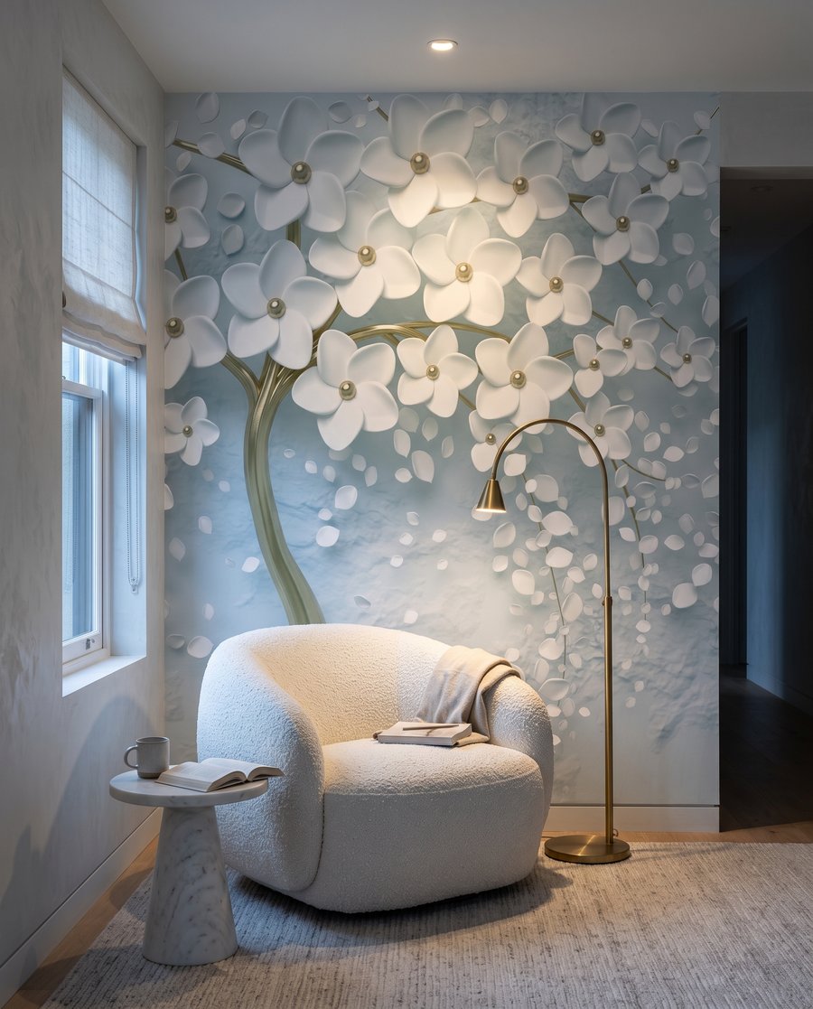 Witte bloesem, goudkleurige stam — interieur 3