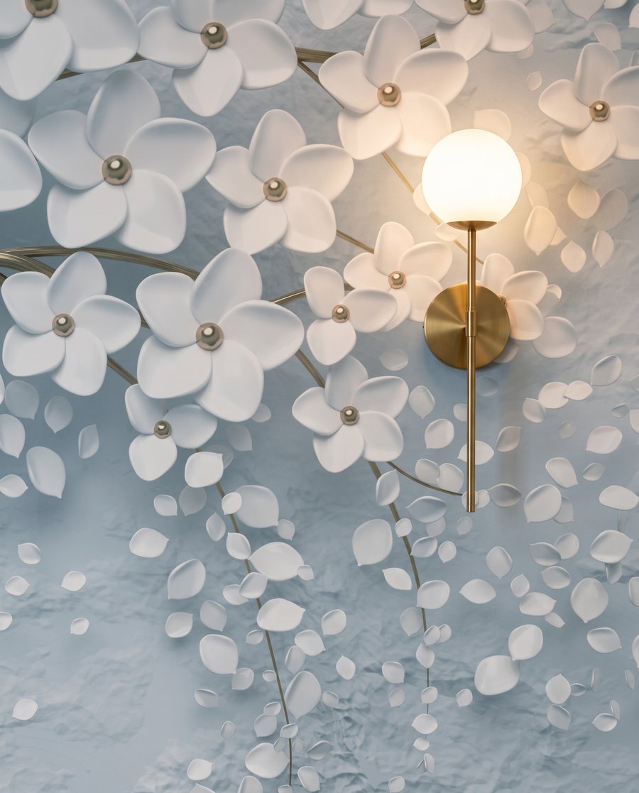 Witte bloesem, goudkleurige stam — detail