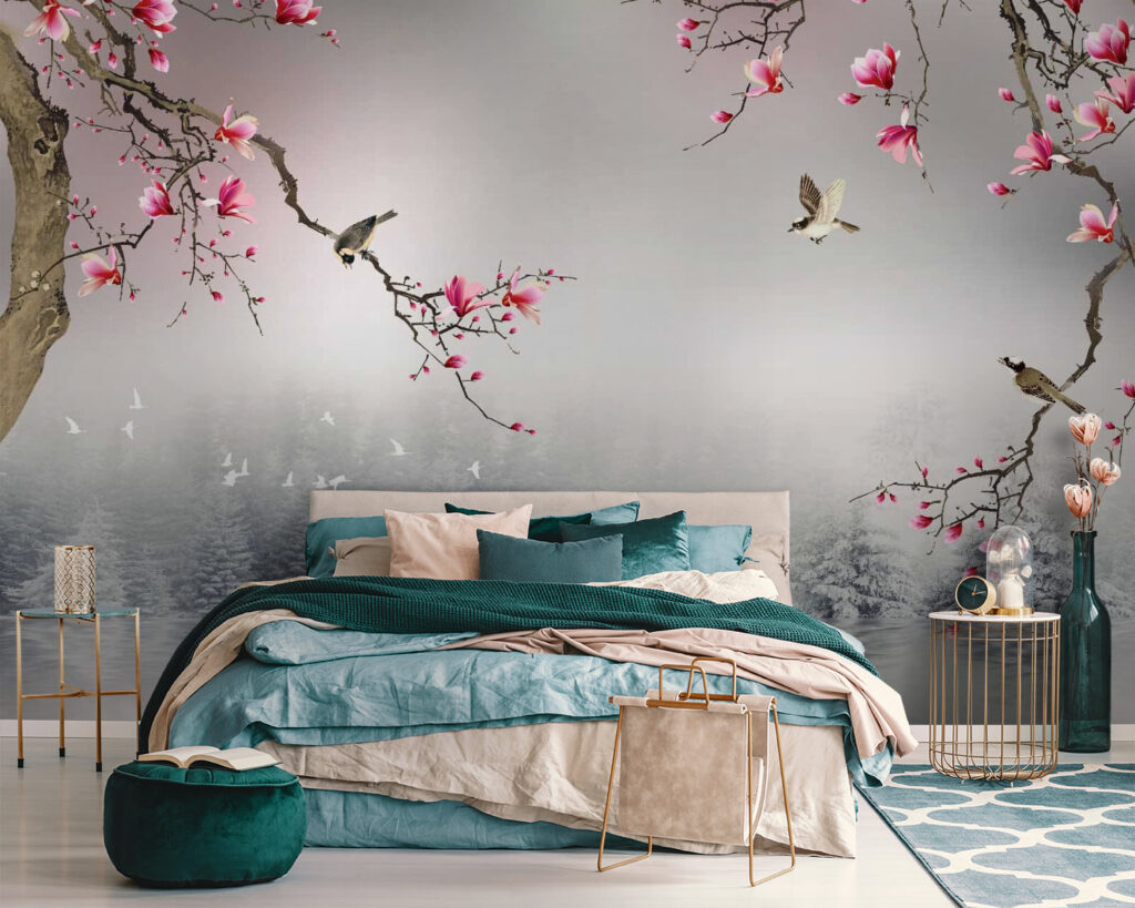 Vogels tussen roze bergbloesem — interieur 1