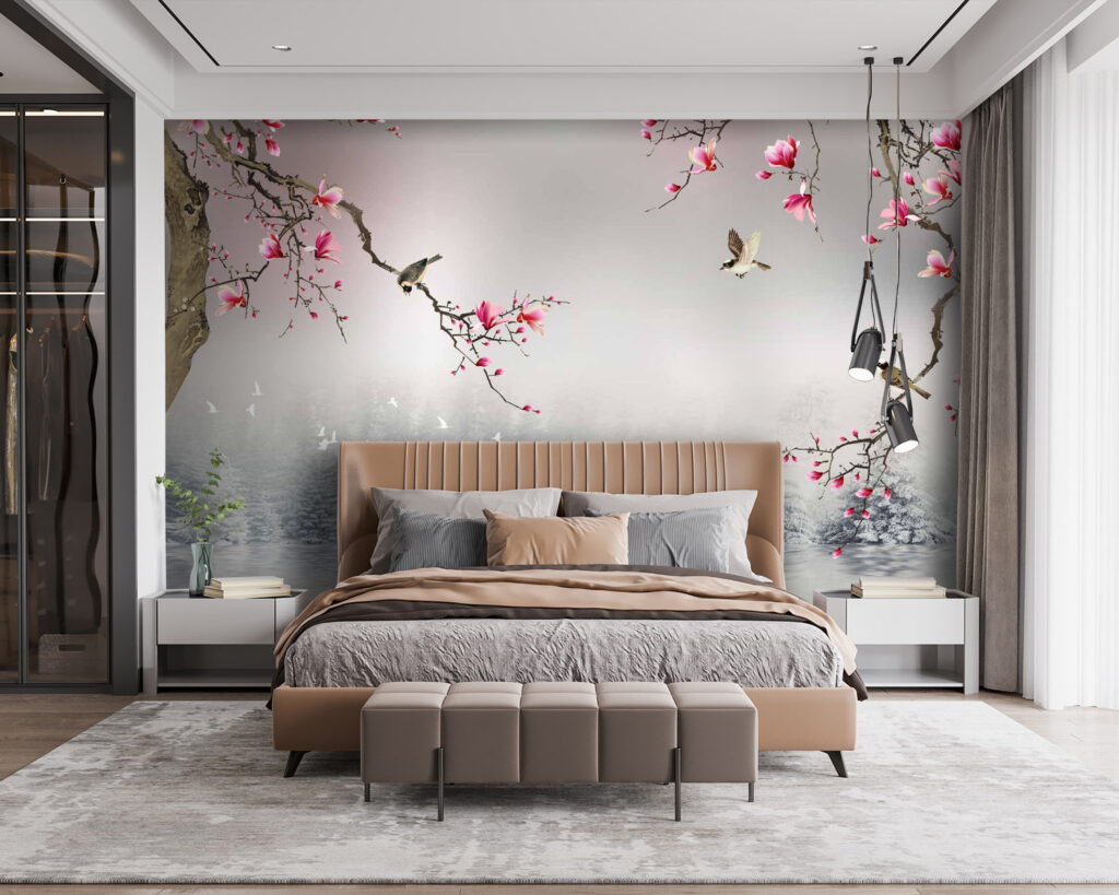 Vogels tussen roze bergbloesem — interieur 2