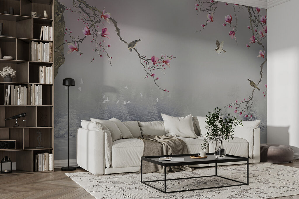 Vogels tussen roze bergbloesem — interieur 3