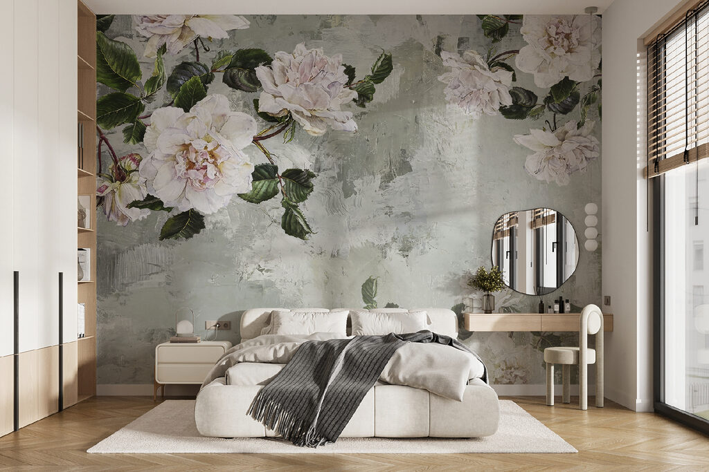 Witte pioenrozen op grijsgroen — interieur 10
