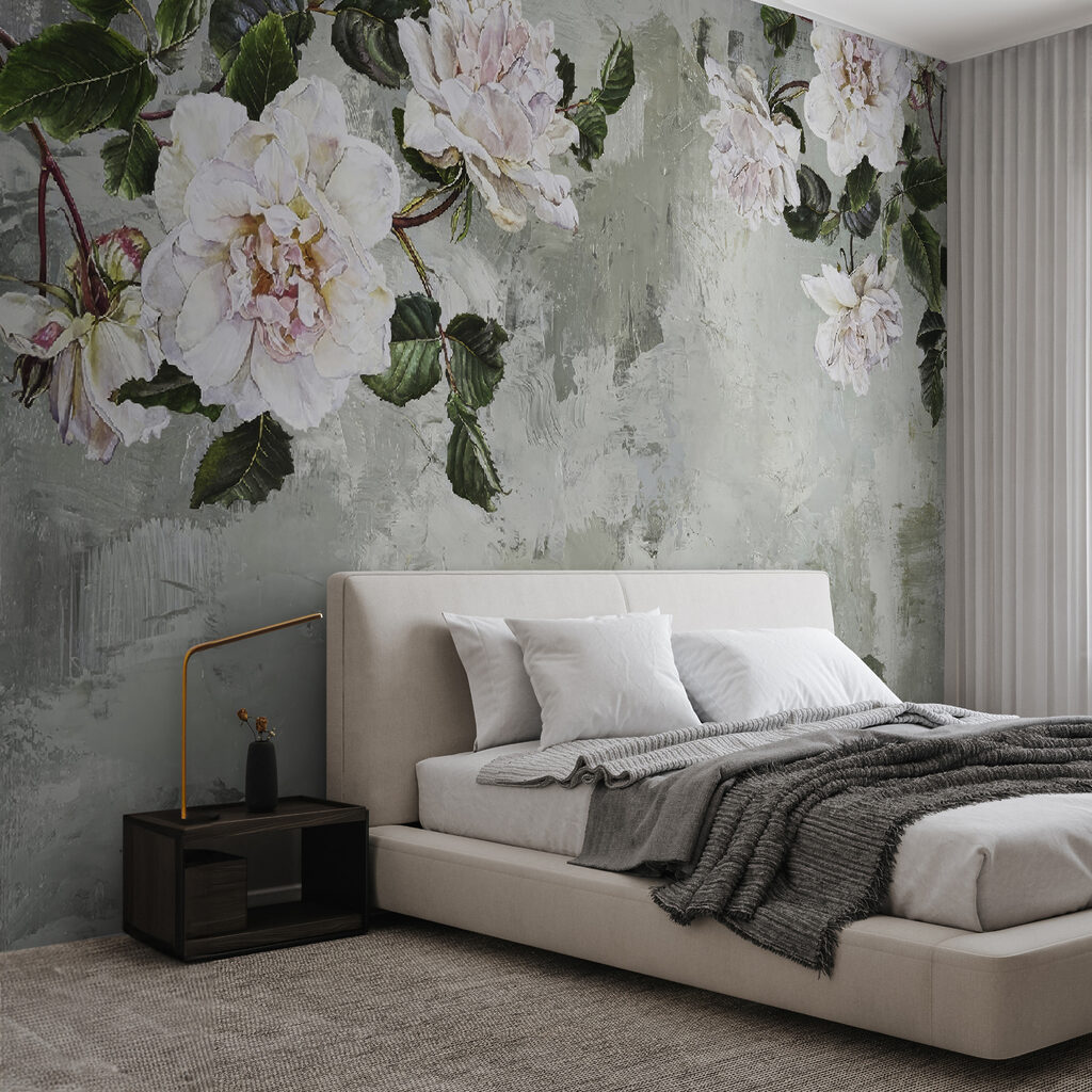 Witte pioenrozen op grijsgroen — interieur 11