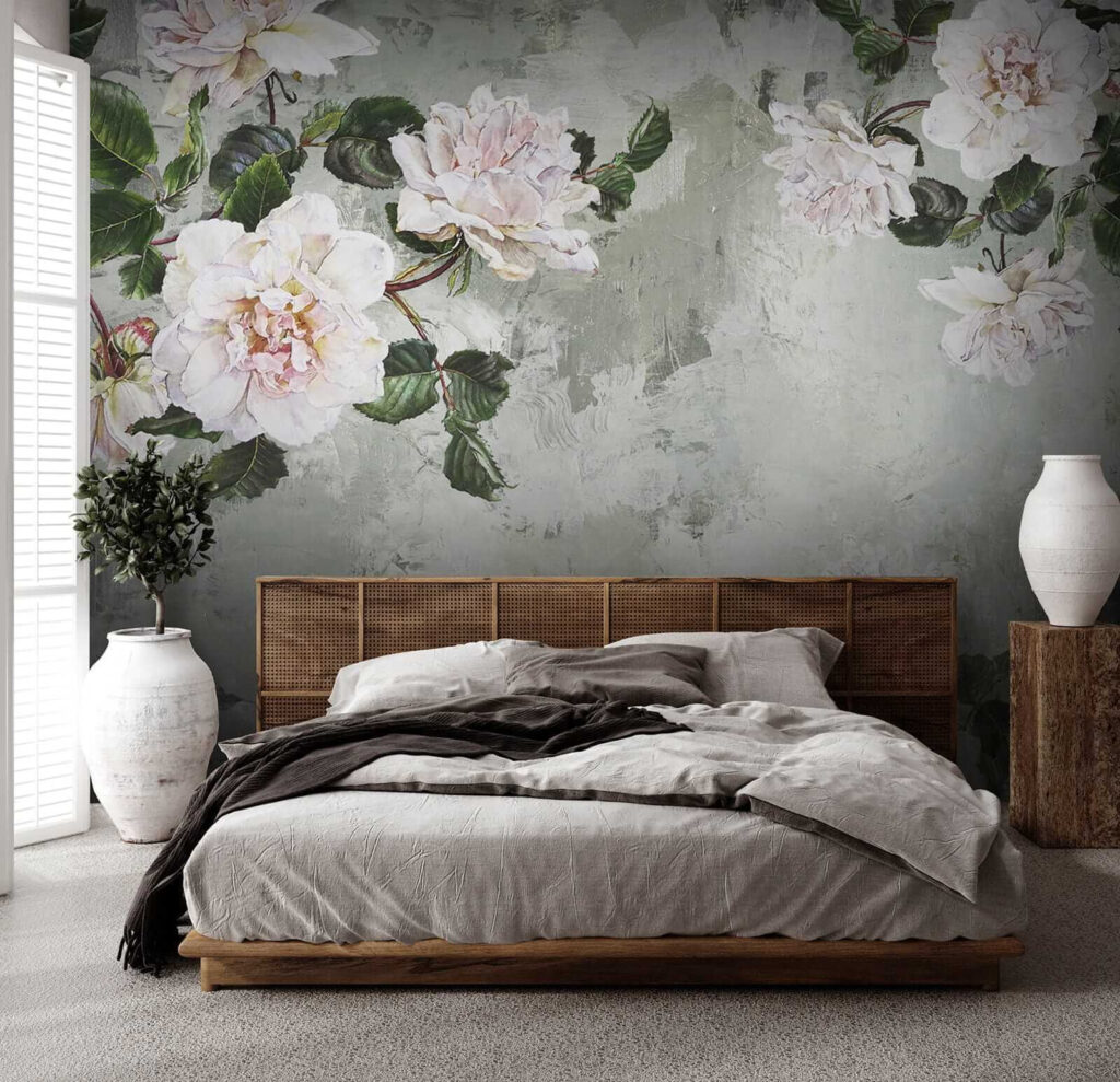 Witte pioenrozen op grijsgroen — interieur 3