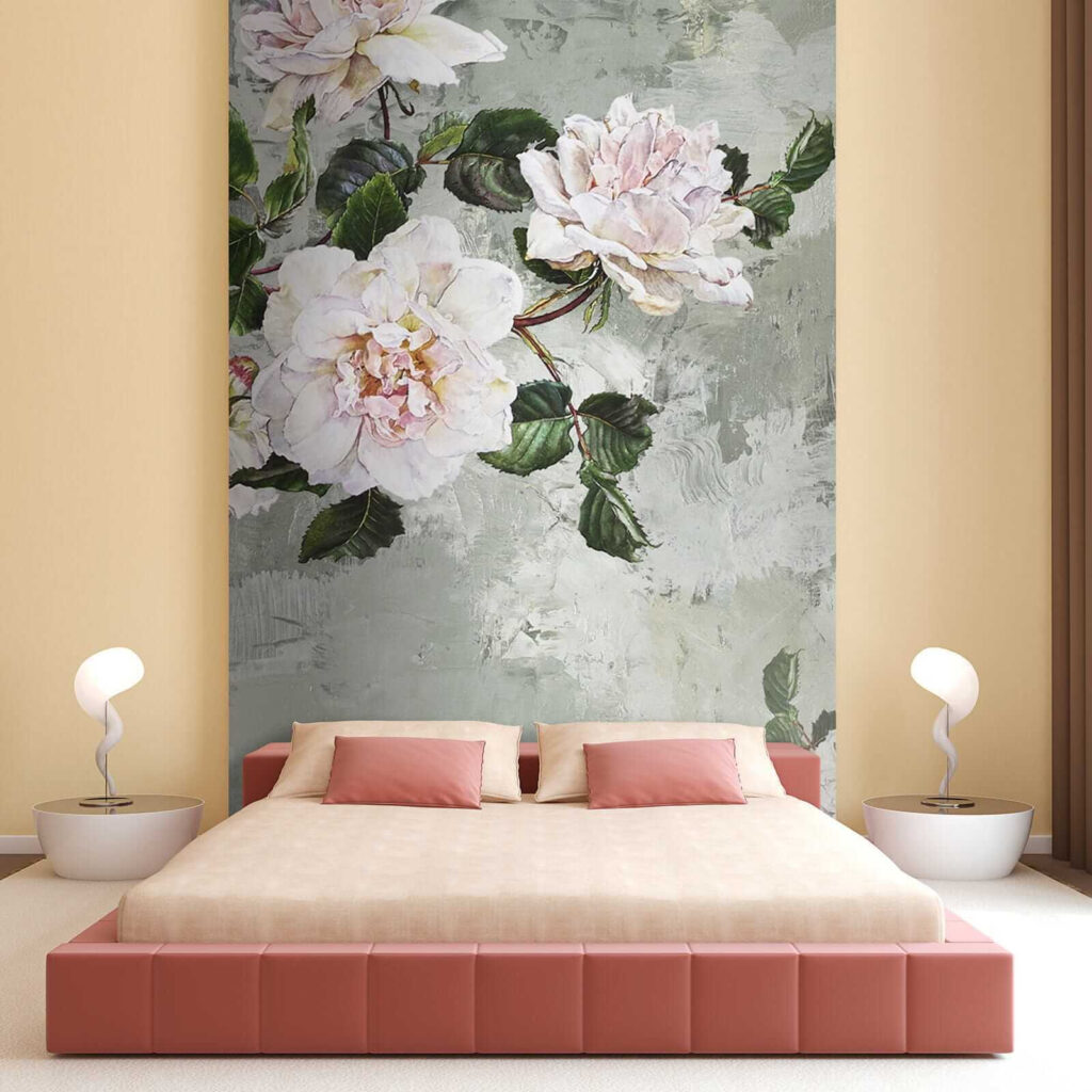 Witte pioenrozen op grijsgroen — interieur 4