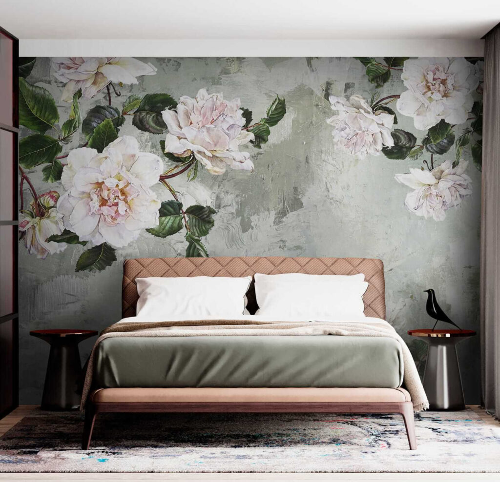 Witte pioenrozen op grijsgroen — interieur 5