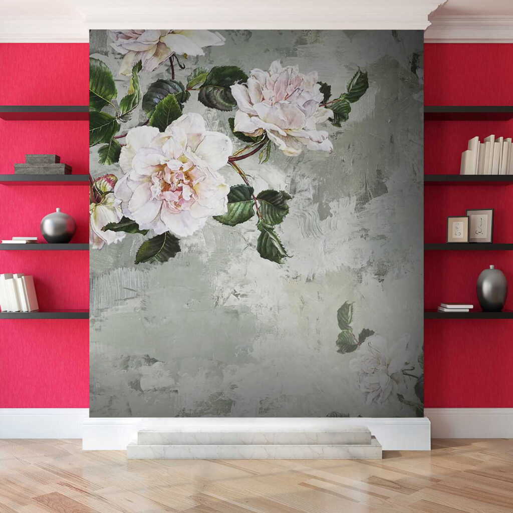 Witte pioenrozen op grijsgroen — interieur 6