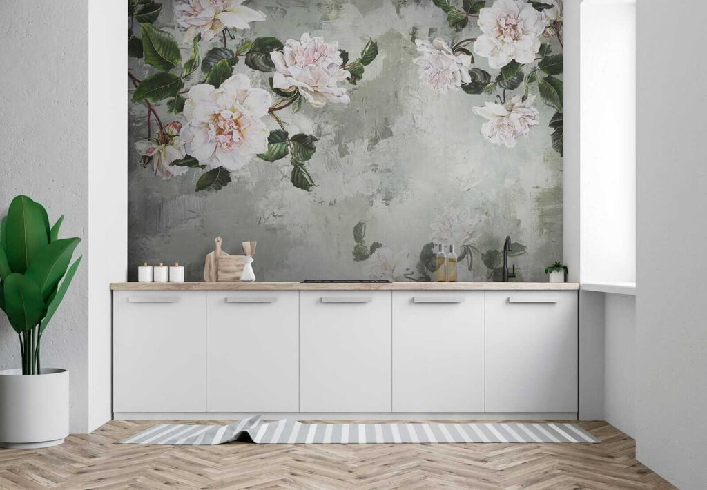 Witte pioenrozen op grijsgroen — interieur 7