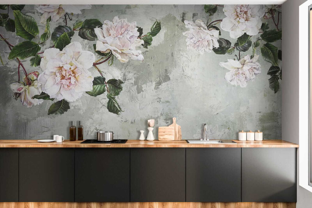 Witte pioenrozen op grijsgroen — interieur 8