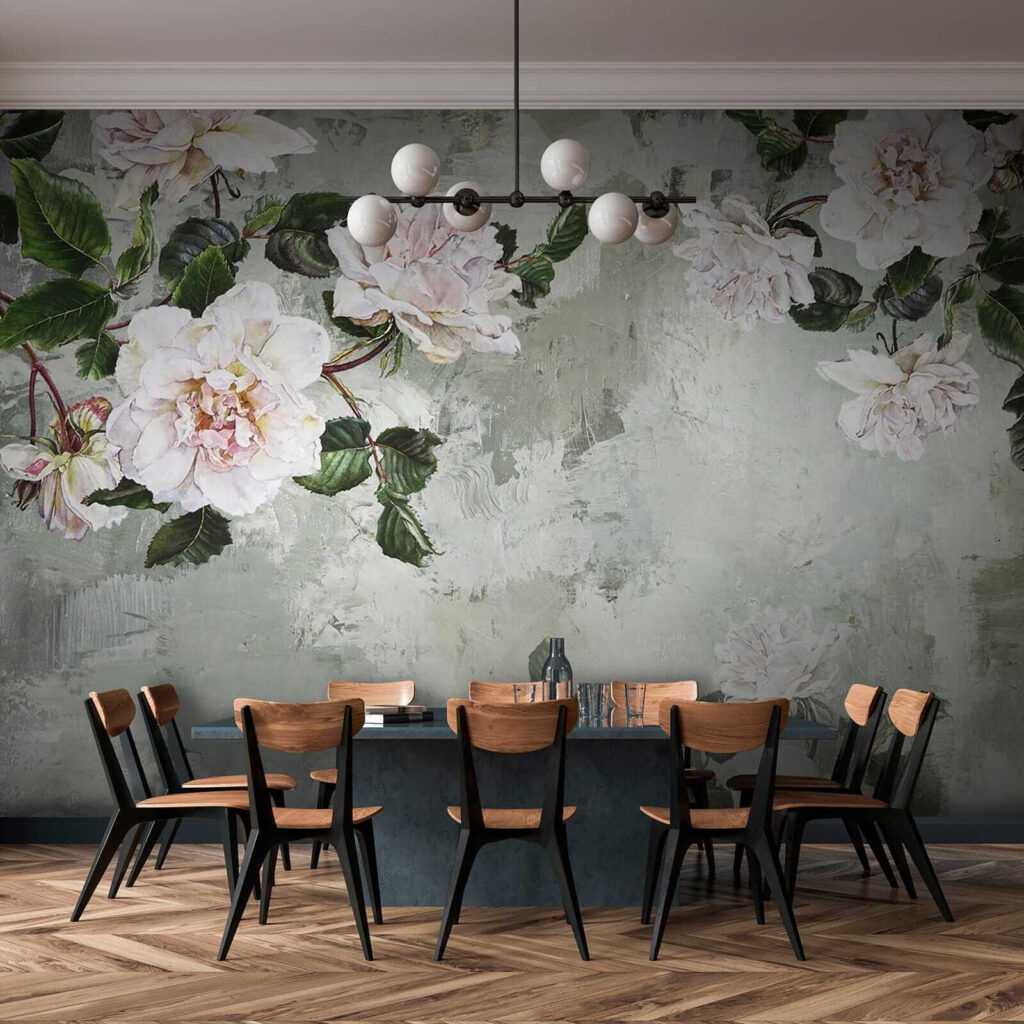 Witte pioenrozen op grijsgroen — interieur 9