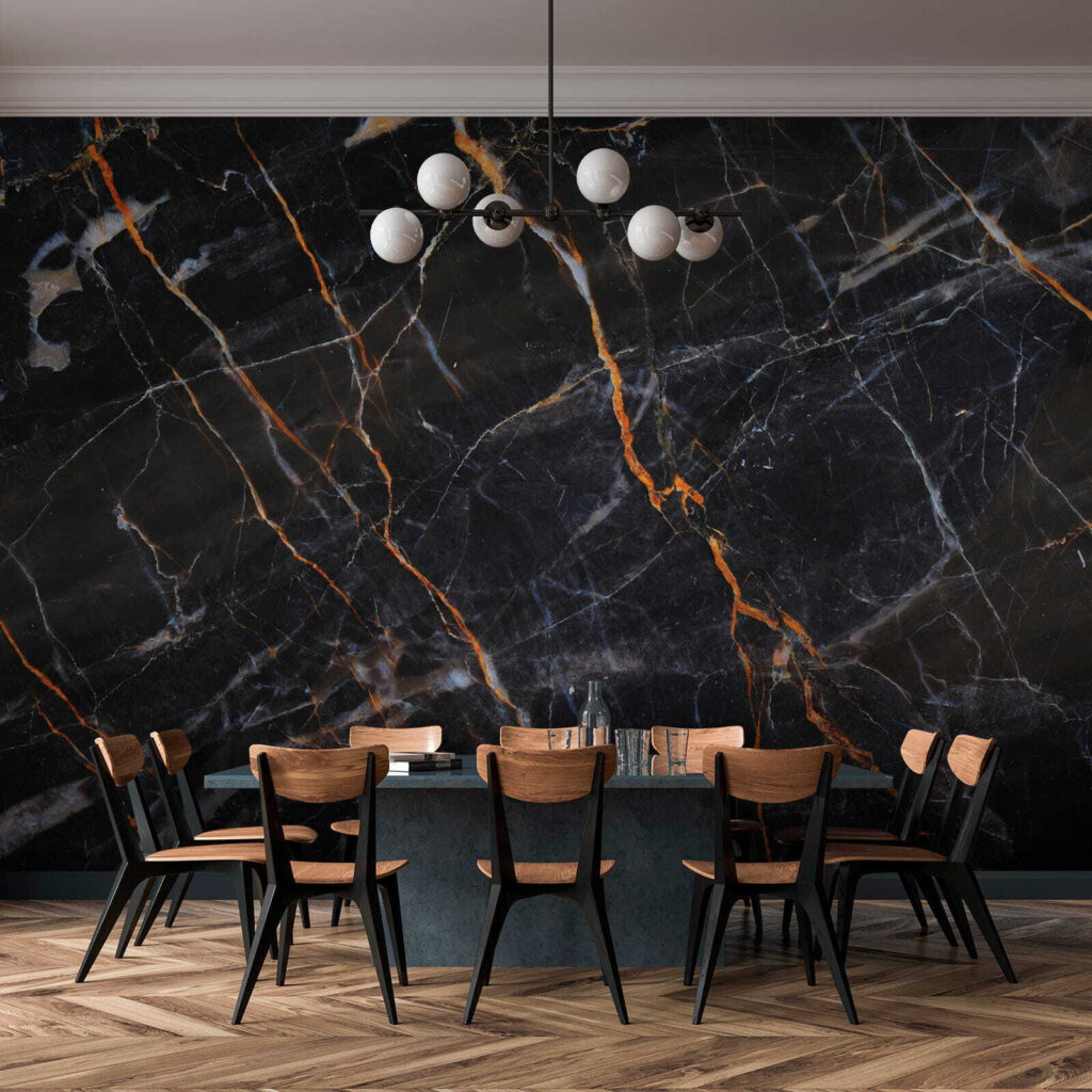Koperkleurige aders door nachtzwart — interieur 8