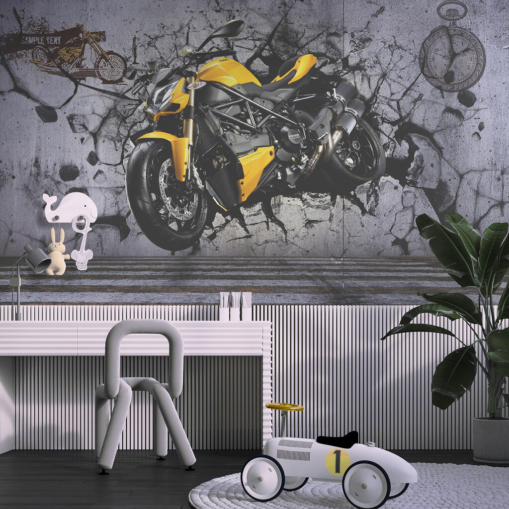 Dynamische motorfiets die door barrières heen breekt — interieur 3