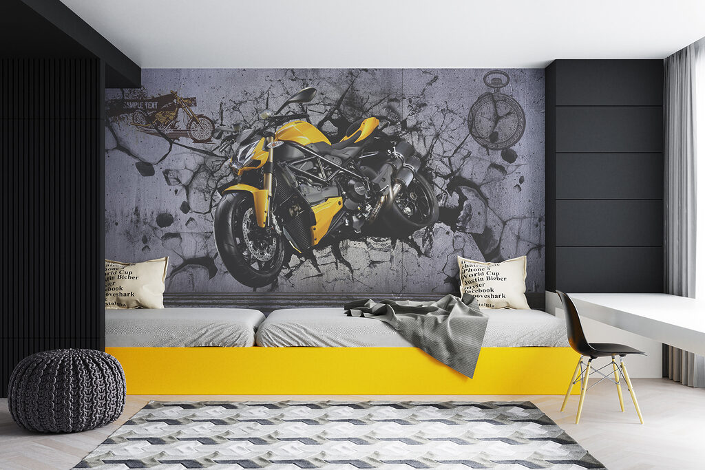 Dynamische motorfiets die door barrières heen breekt — interieur 4