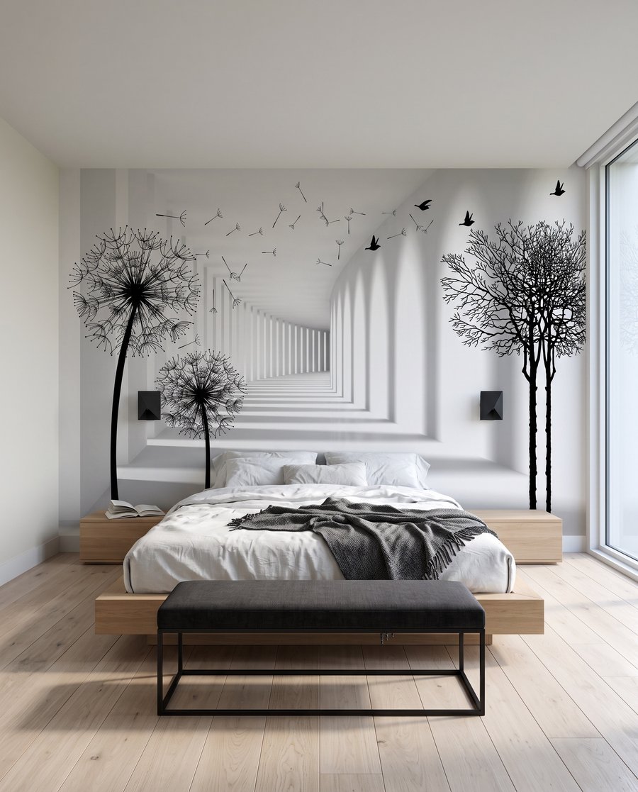 Witte kamer met bomen en vliegende vogels in een interieur