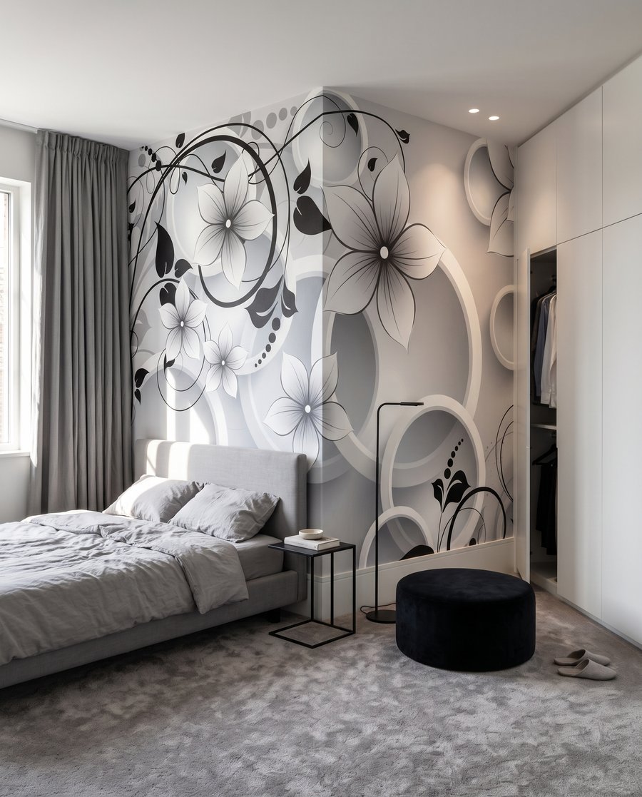 Bloemen tussen witte ringen in een interieur