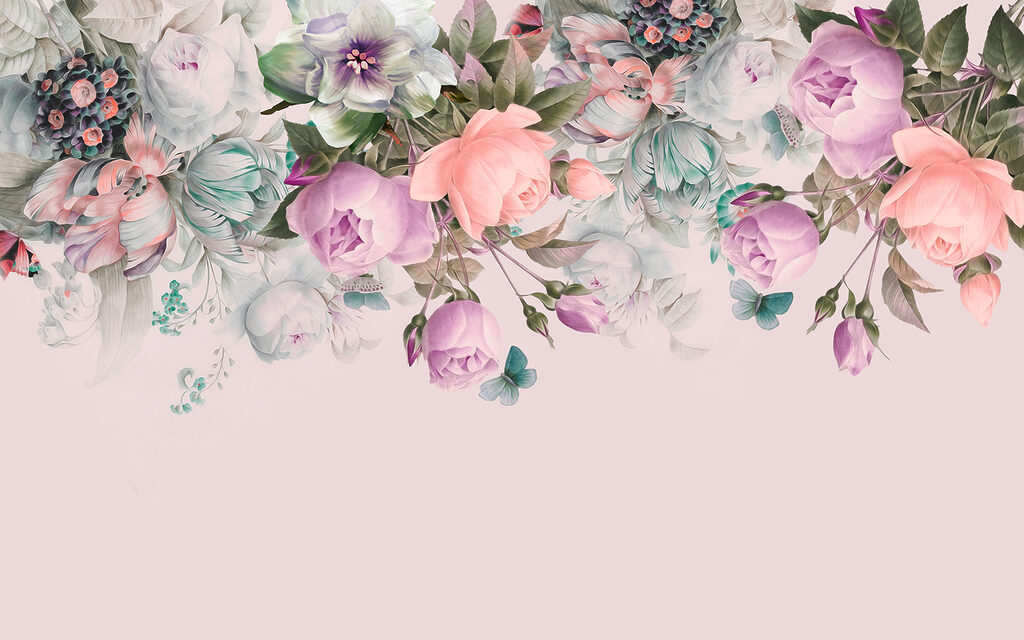Delicate bloemen op zachtroze achtergrond — volledig ontwerp