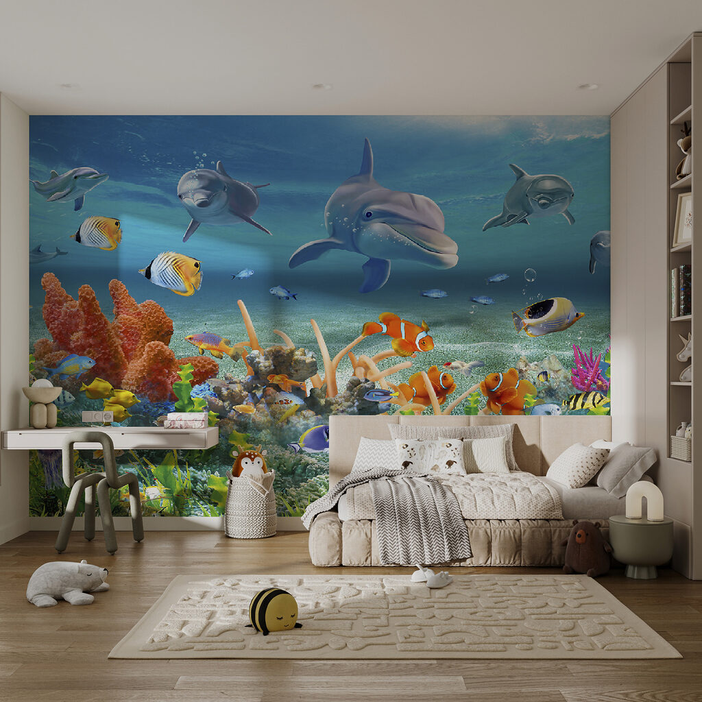 Dolfijnen zwemmen boven koraal — interieur 7