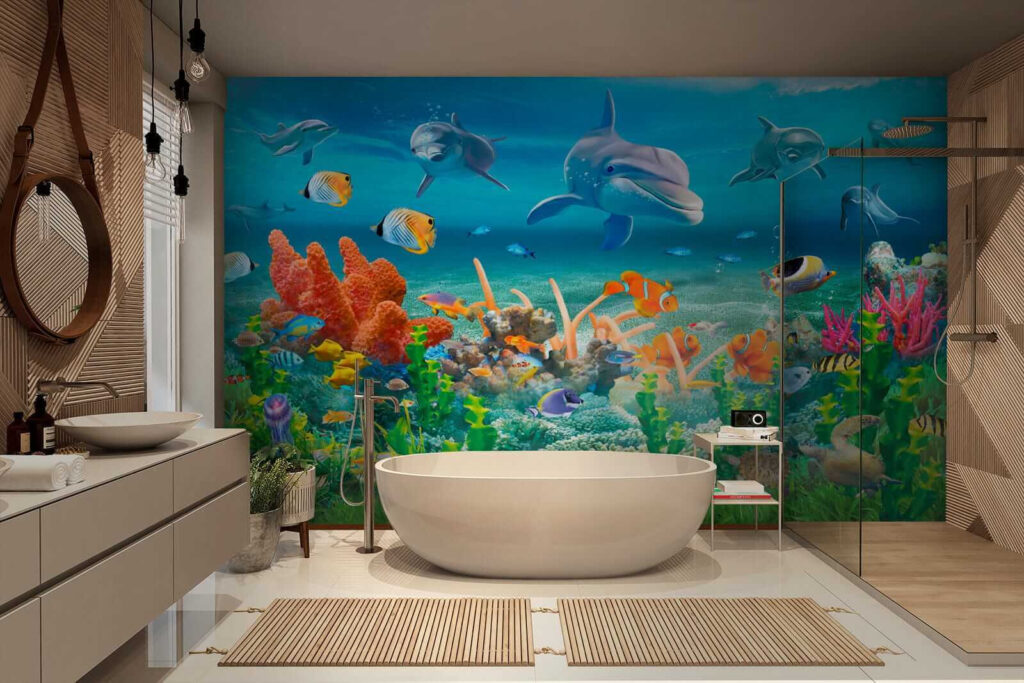 Dolfijnen zwemmen boven koraal — interieur 4