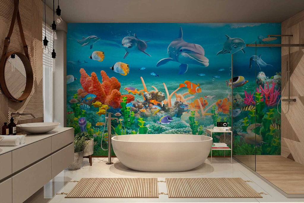Dolfijnen zwemmen boven koraal — interieur 6