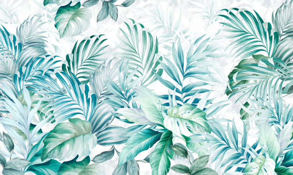 Turquoise bladeren op wit — volledig ontwerp