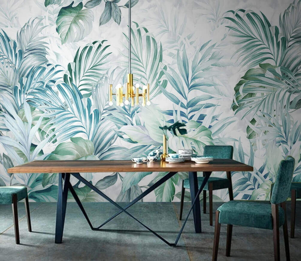 Turquoise bladeren op wit — interieur 1