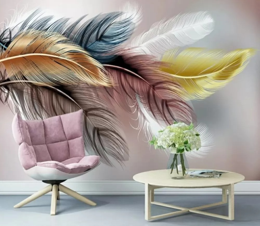 Groep kleurrijke veren in een interieur