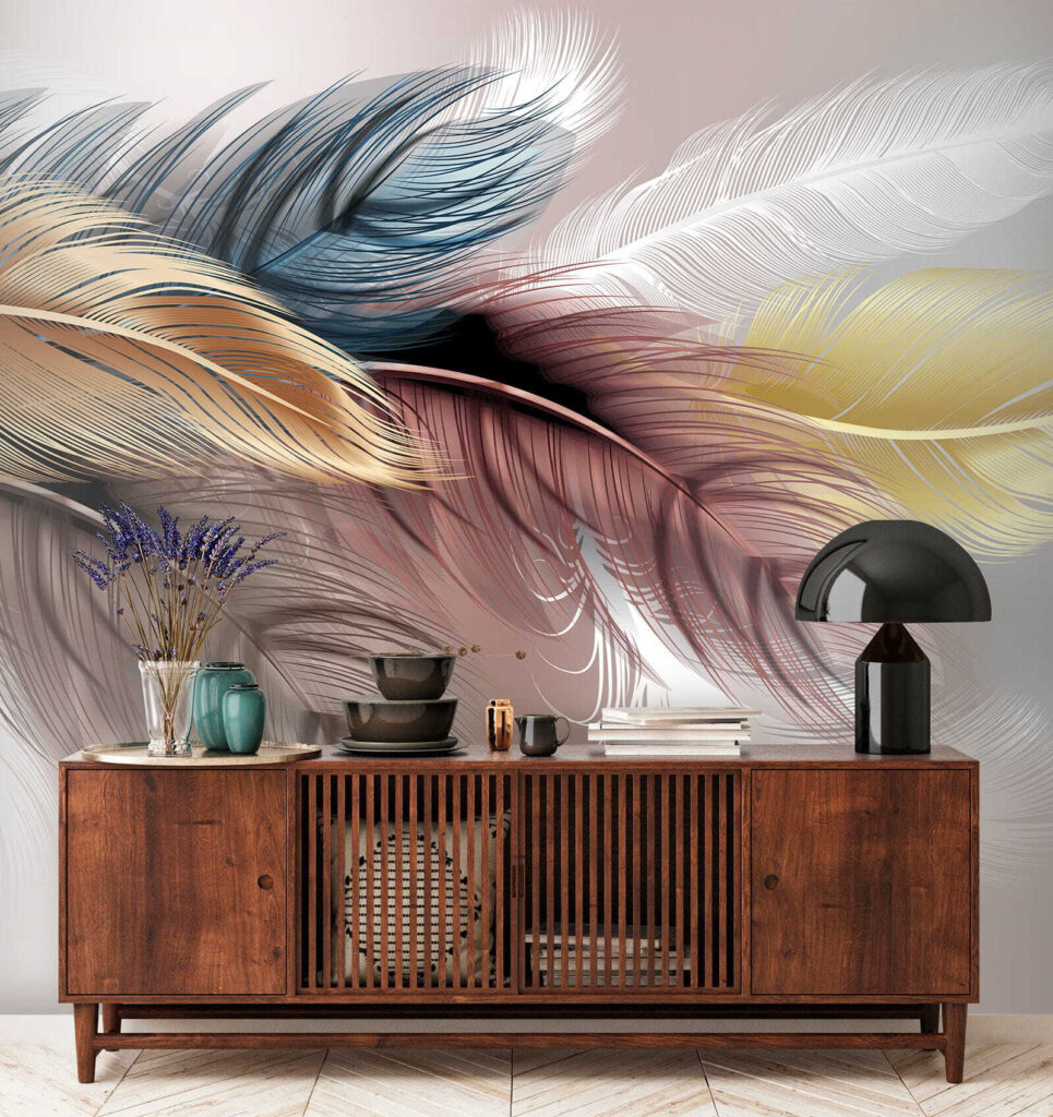 Gekleurde veren op zachtroze — interieur 4